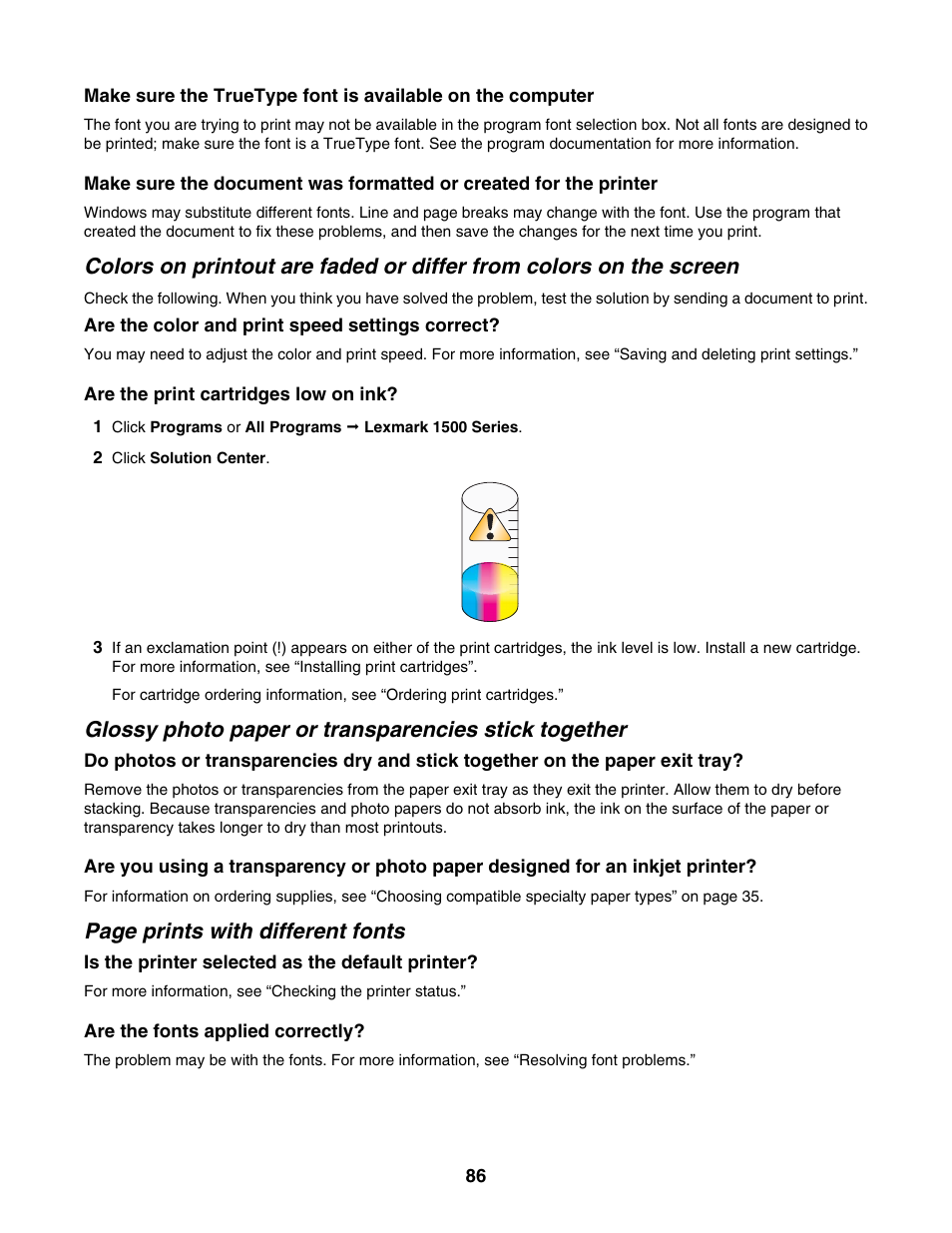 Page prints with different fonts | Lexmark 1500 Series User Manual | Page 86 / 124