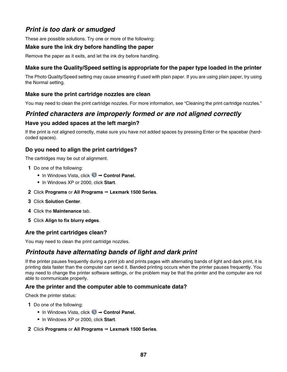 Print is too dark or smudged | Lexmark 1500 Series User Manual | Page 87 / 124