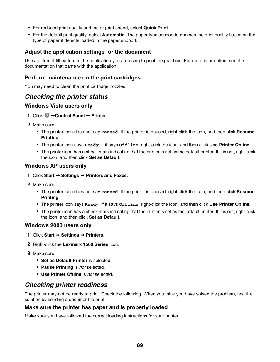 Checking the printer status, Checking printer readiness | Lexmark 1500 Series User Manual | Page 89 / 124