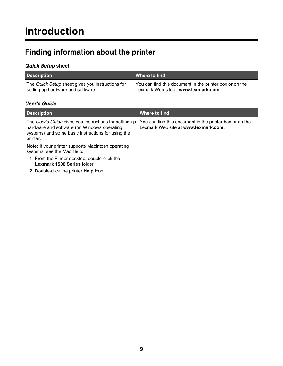 Introduction, Finding information about the printer | Lexmark 1500 Series User Manual | Page 9 / 124