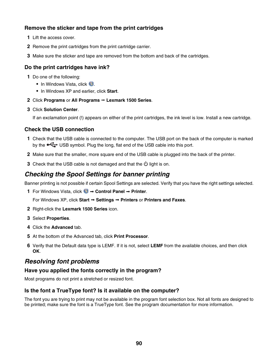 Checking the spool settings for banner printing, Resolving font problems | Lexmark 1500 Series User Manual | Page 90 / 124