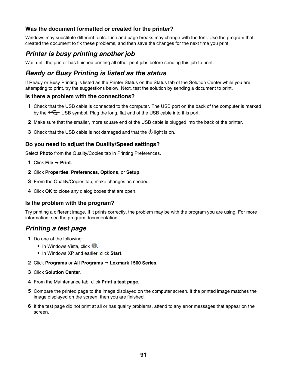 Printer is busy printing another job, Ready or busy printing is listed as the status, Printing a test page | Lexmark 1500 Series User Manual | Page 91 / 124