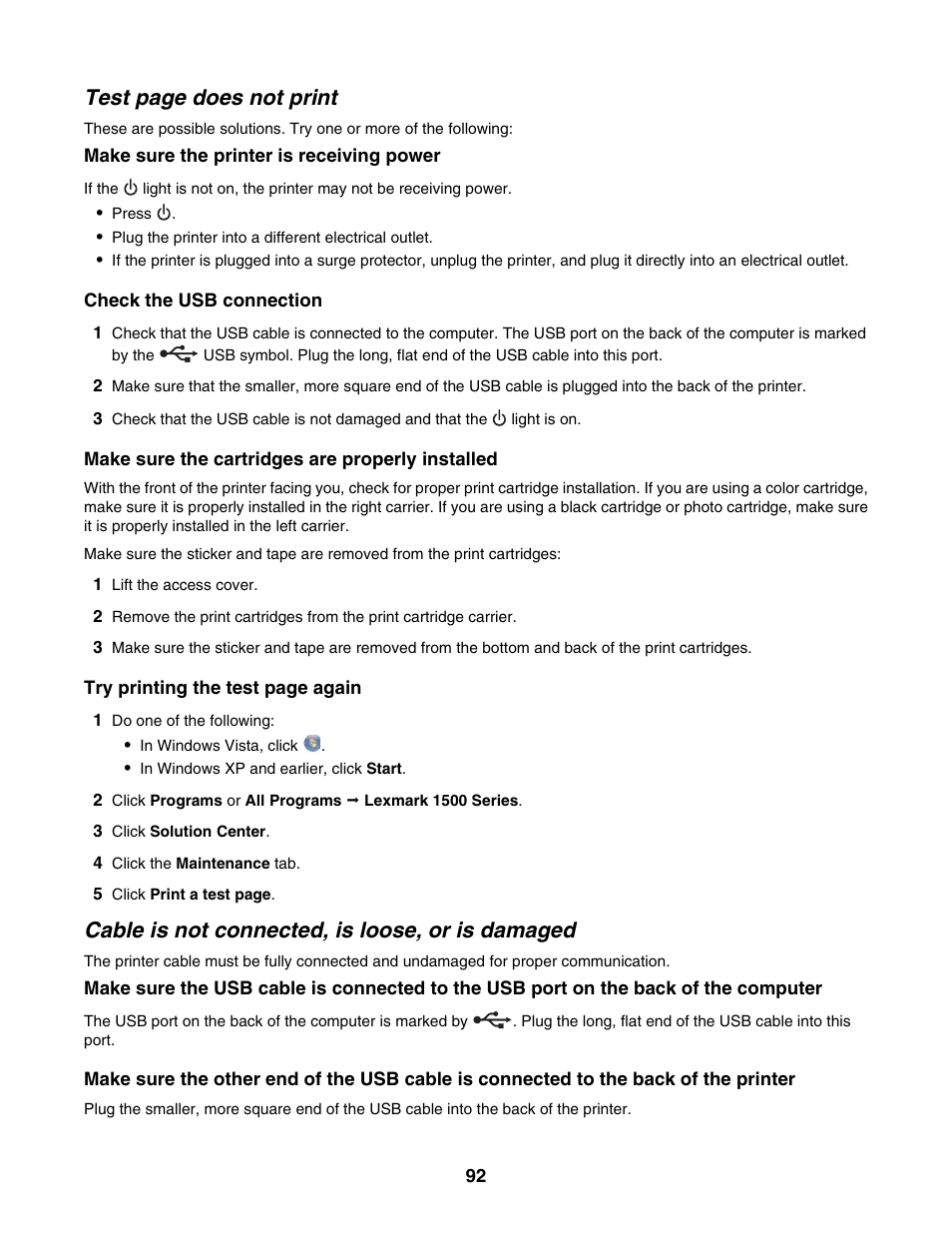 Cable is not connected, is loose, or is damaged, Test page does not print | Lexmark 1500 Series User Manual | Page 92 / 124