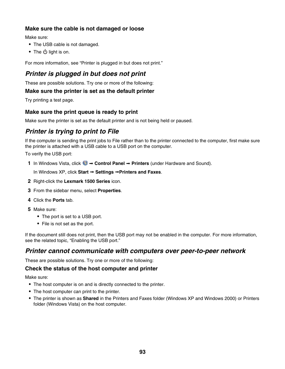 Printer is plugged in but does not print, Printer is trying to print to file | Lexmark 1500 Series User Manual | Page 93 / 124