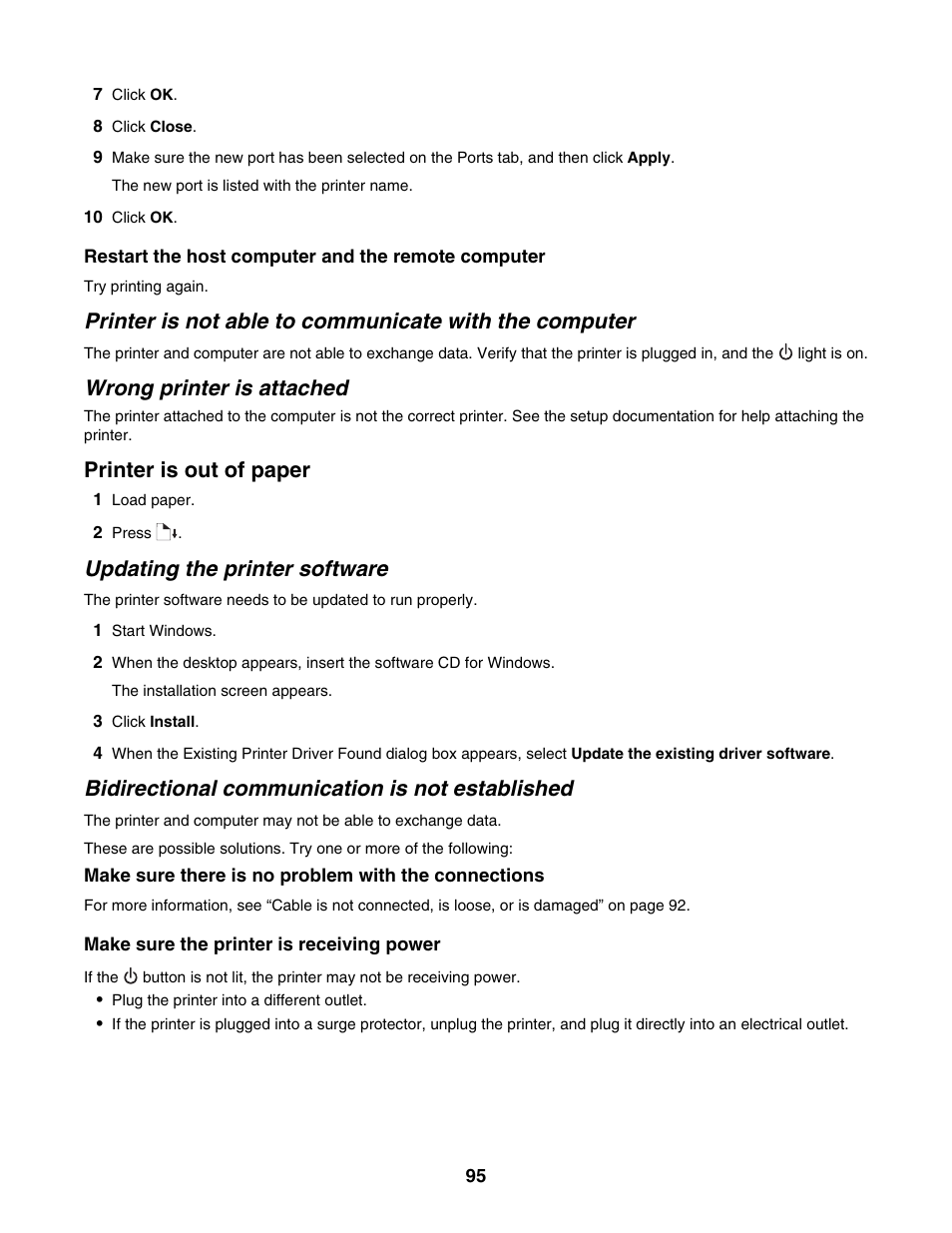 Wrong printer is attached, Printer is out of paper, Updating the printer software | Bidirectional communication is not established | Lexmark 1500 Series User Manual | Page 95 / 124