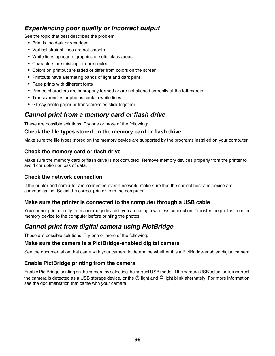 Experiencing poor quality or incorrect output, Cannot print from a memory card or flash drive, Cannot print from digital camera using pictbridge | Lexmark 1500 Series User Manual | Page 96 / 124