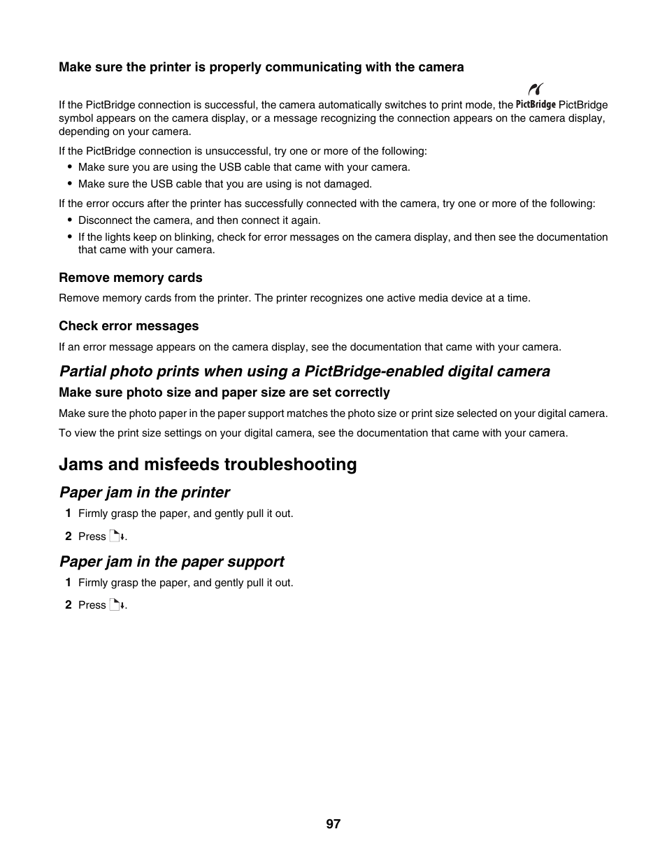 Jams and misfeeds troubleshooting, Paper jam in the printer, Paper jam in the paper support | Lexmark 1500 Series User Manual | Page 97 / 124