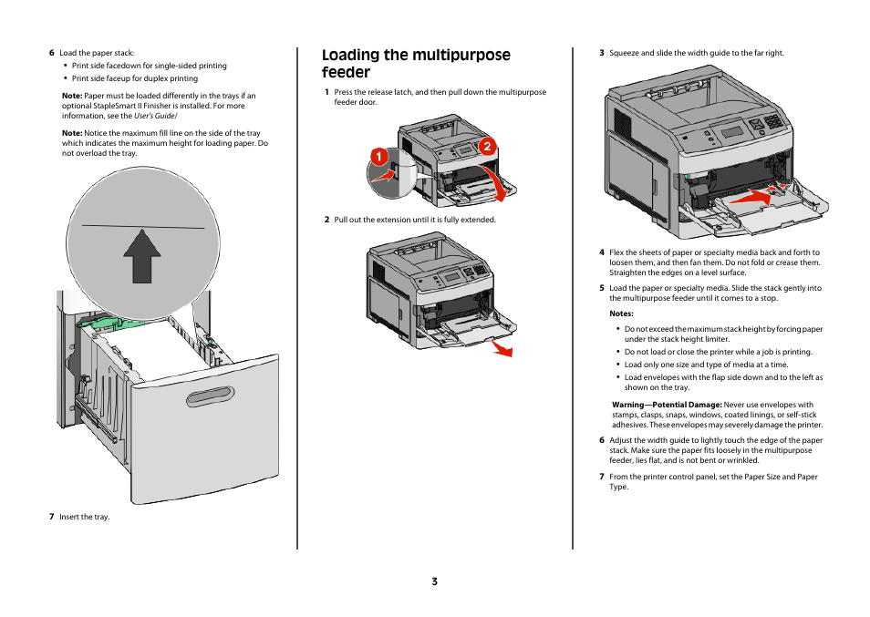 Loading the multipurpose feeder | Lexmark T65X User Manual | Page 3 / 6