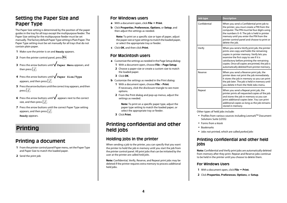 Setting the paper size and paper type, Printing, Printing a document | Printing confidential and other held jobs, Holding jobs in the printer | Lexmark T65X User Manual | Page 4 / 6
