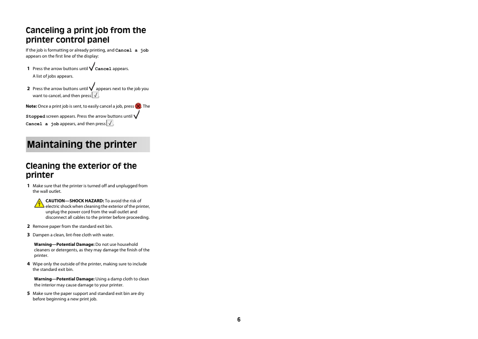 Maintaining the printer, Cleaning the exterior of the printer | Lexmark T65X User Manual | Page 6 / 6