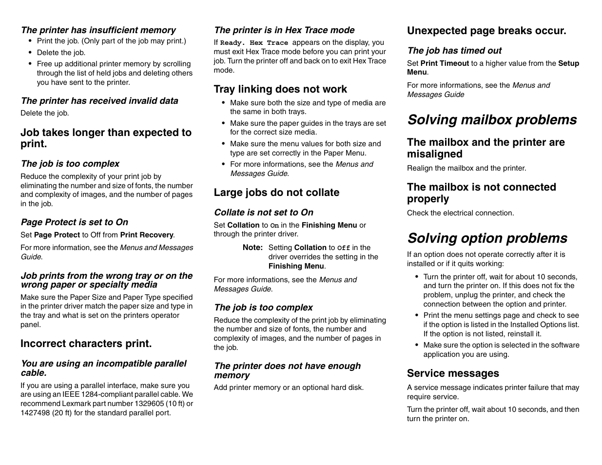 Solving mailbox problems, Solving option problems | Lexmark C 752 User Manual | Page 2 / 4