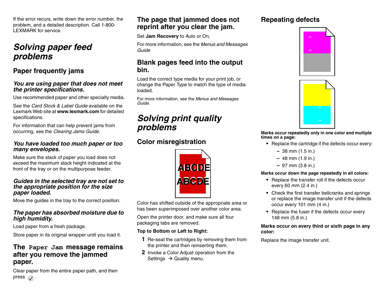 Abcde, Solving paper feed problems, Solving print quality problems | Lexmark C 752 User Manual | Page 3 / 4
