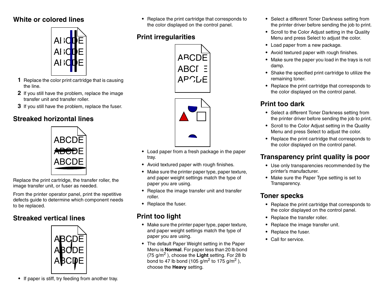 Abcde abcde abcde, White or colored lines, Streaked horizontal lines | Streaked vertical lines, Print irregularities, Print too light, Print too dark, Transparency print quality is poor, Toner specks | Lexmark C 752 User Manual | Page 4 / 4