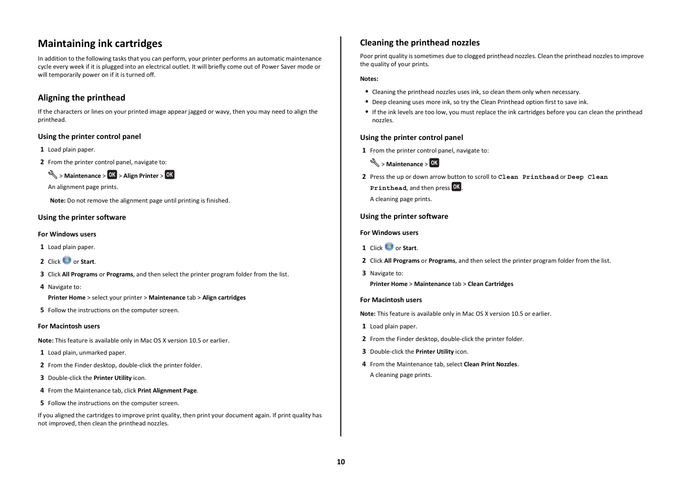 Maintaining ink cartridges, Aligning the printhead, Cleaning the printhead nozzles | Lexmark Intuition S505 User Manual | Page 10 / 23