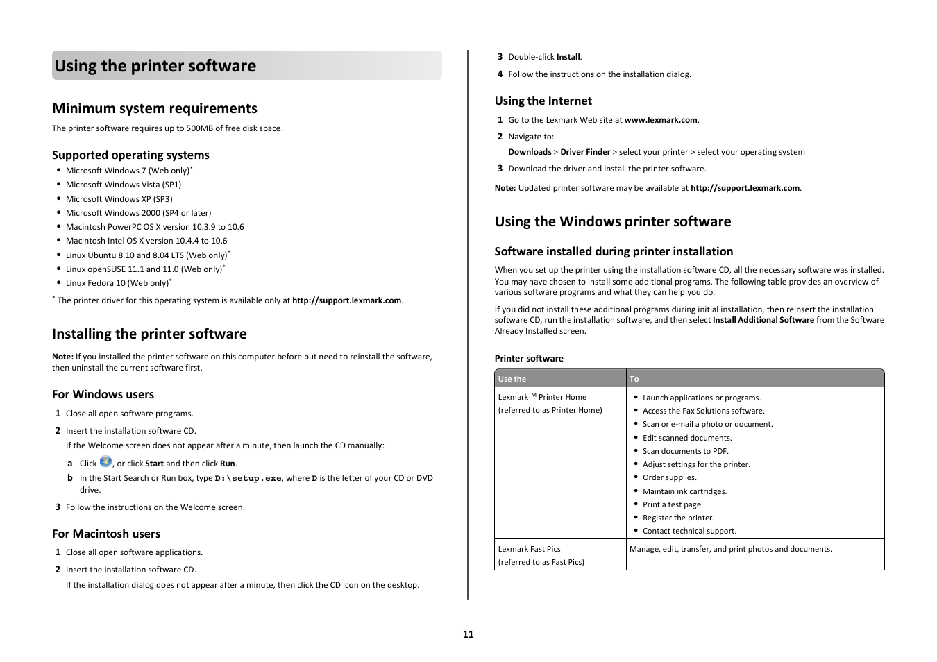 Using the printer software, Minimum system requirements, Installing the printer software | Using the windows printer software, Supported operating systems, For windows users, For macintosh users, Using the internet, Software installed during printer installation | Lexmark Intuition S505 User Manual | Page 11 / 23