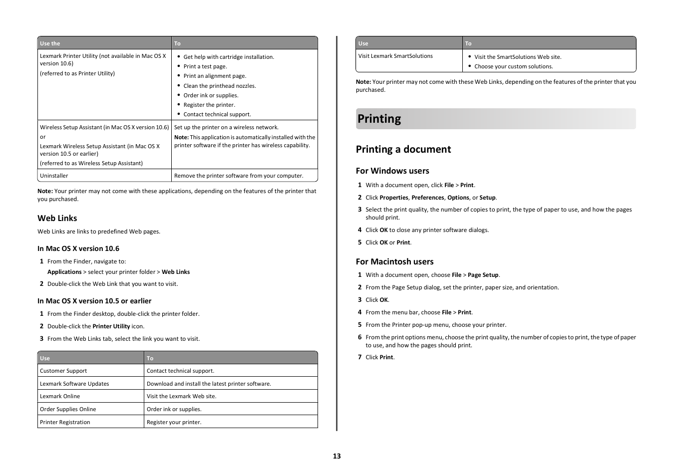 Printing, Printing a document, Web links | For windows users, For macintosh users | Lexmark Intuition S505 User Manual | Page 13 / 23