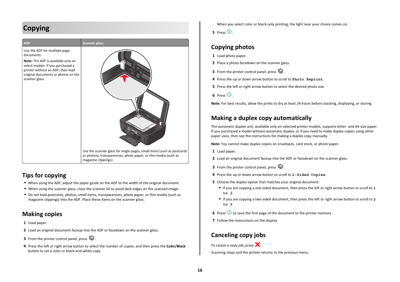 Copying, Tips for copying, Making copies | Copying photos, Making a duplex copy automatically, Canceling copy jobs | Lexmark Intuition S505 User Manual | Page 16 / 23