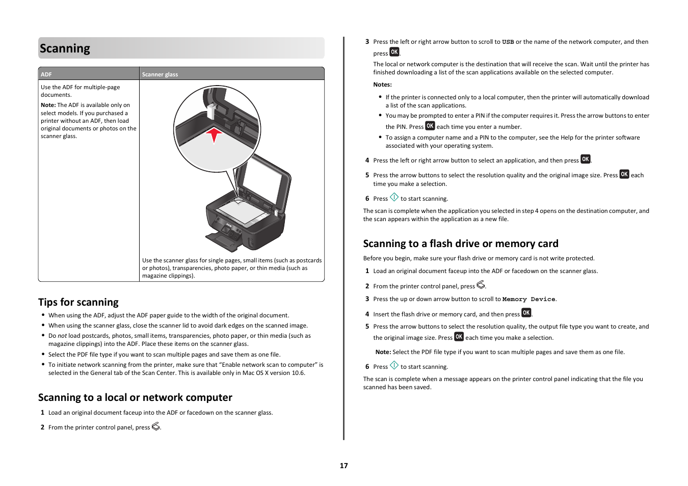 Scanning, Tips for scanning, Scanning to a local or network computer | Scanning to a flash drive or memory card | Lexmark Intuition S505 User Manual | Page 17 / 23