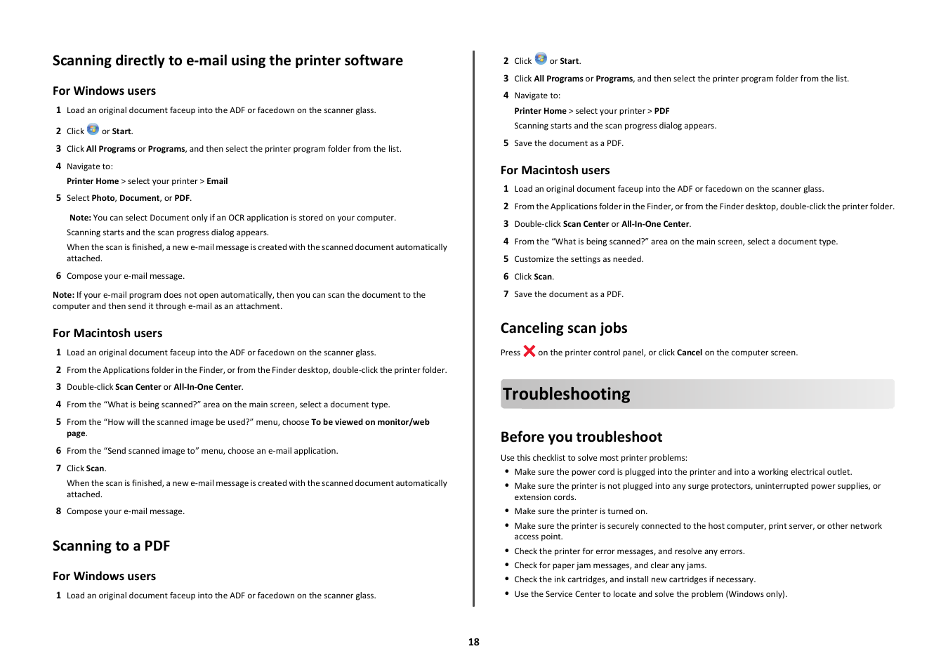 Scanning to a pdf, Canceling scan jobs, Troubleshooting | Before you troubleshoot | Lexmark Intuition S505 User Manual | Page 18 / 23