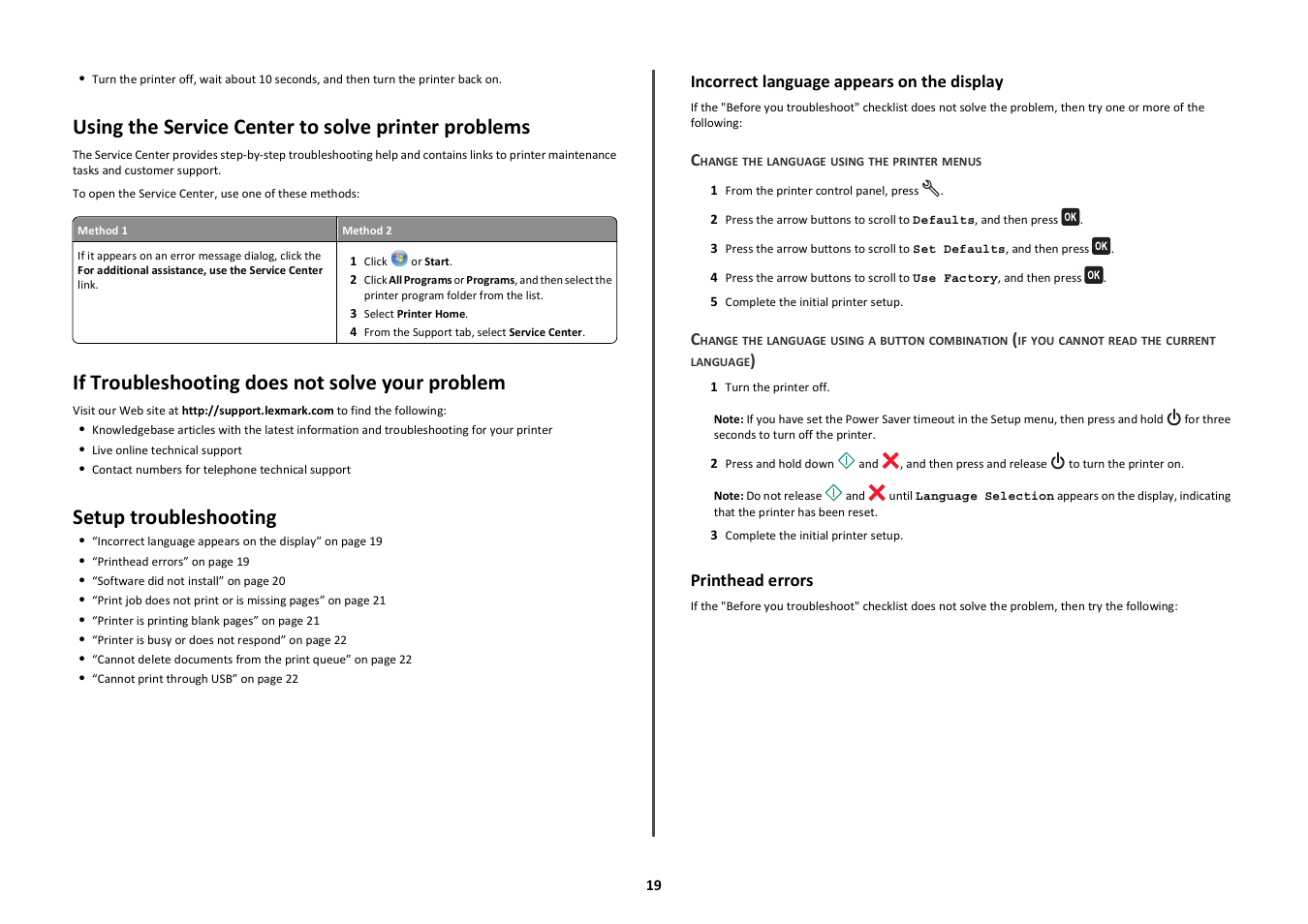 Using the service center to solve printer problems, If troubleshooting does not solve your problem, Setup troubleshooting | Incorrect language appears on the display, Printhead errors | Lexmark Intuition S505 User Manual | Page 19 / 23
