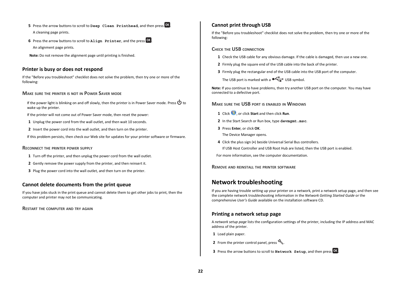 Printer is busy or does not respond, Cannot delete documents from the print queue, Cannot print through usb | Network troubleshooting | Lexmark Intuition S505 User Manual | Page 22 / 23