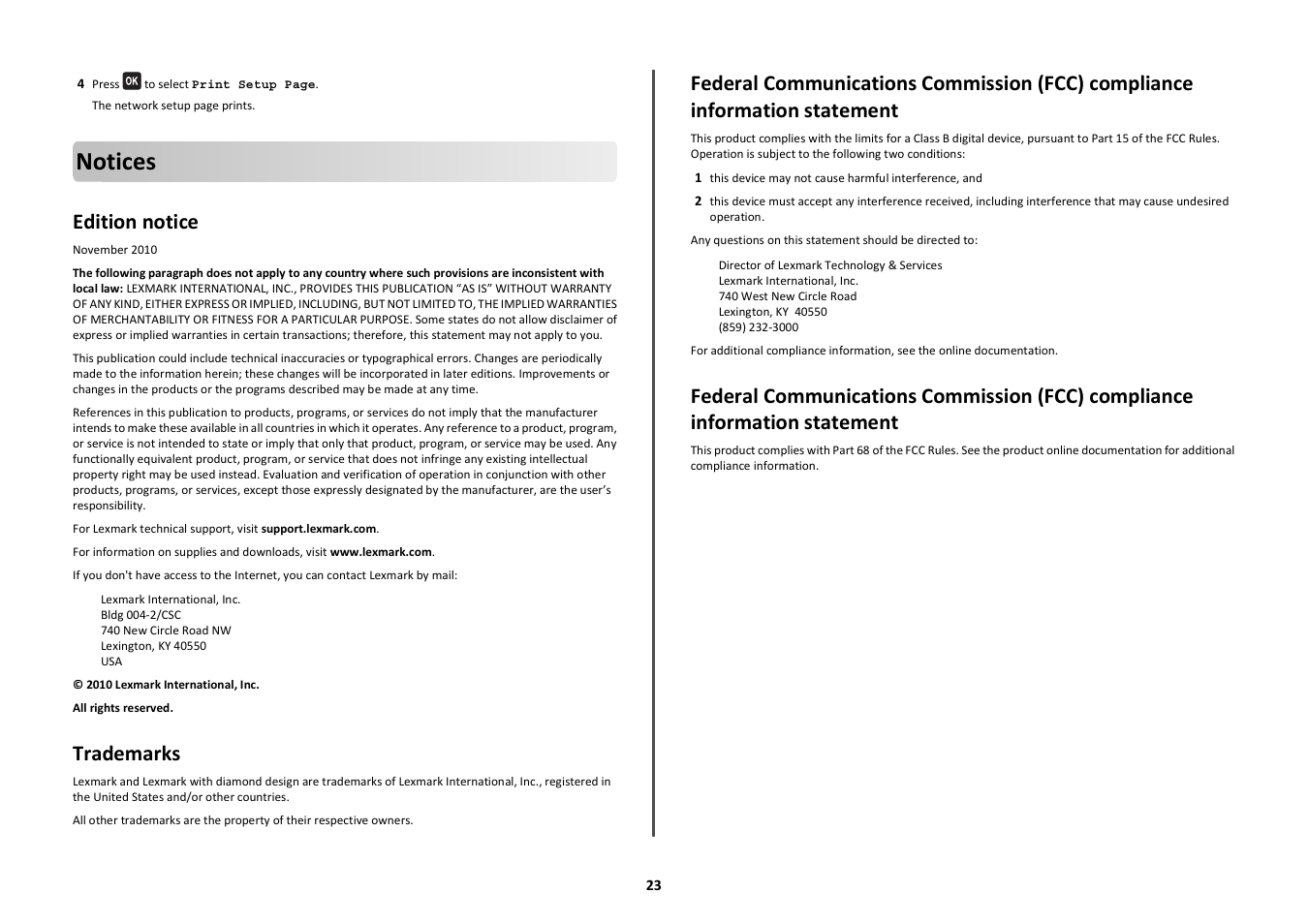 Notices, Edition notice, Trademarks | Lexmark Intuition S505 User Manual | Page 23 / 23