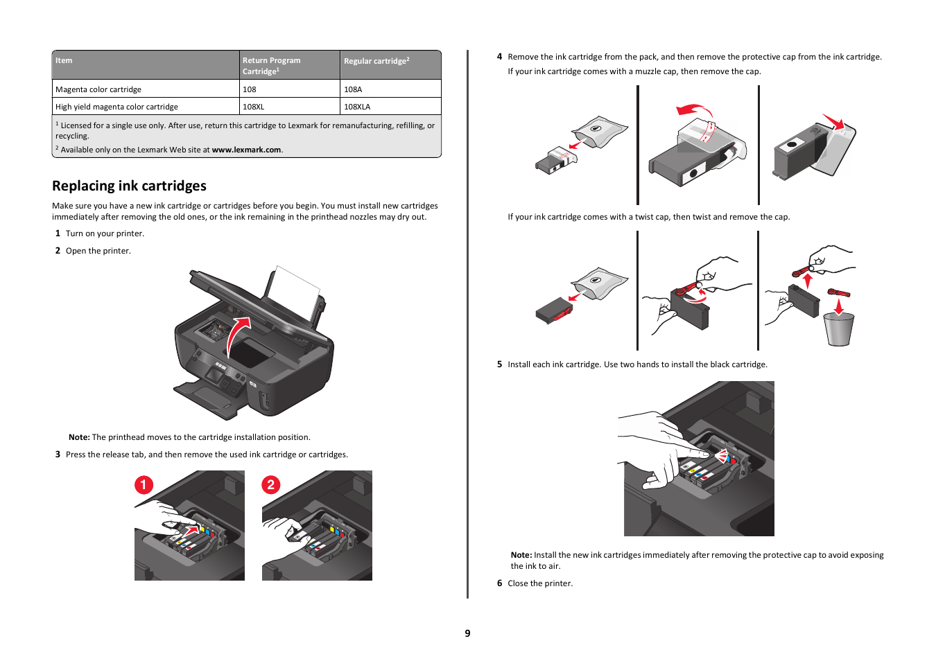 Replacing ink cartridges | Lexmark Intuition S505 User Manual | Page 9 / 23