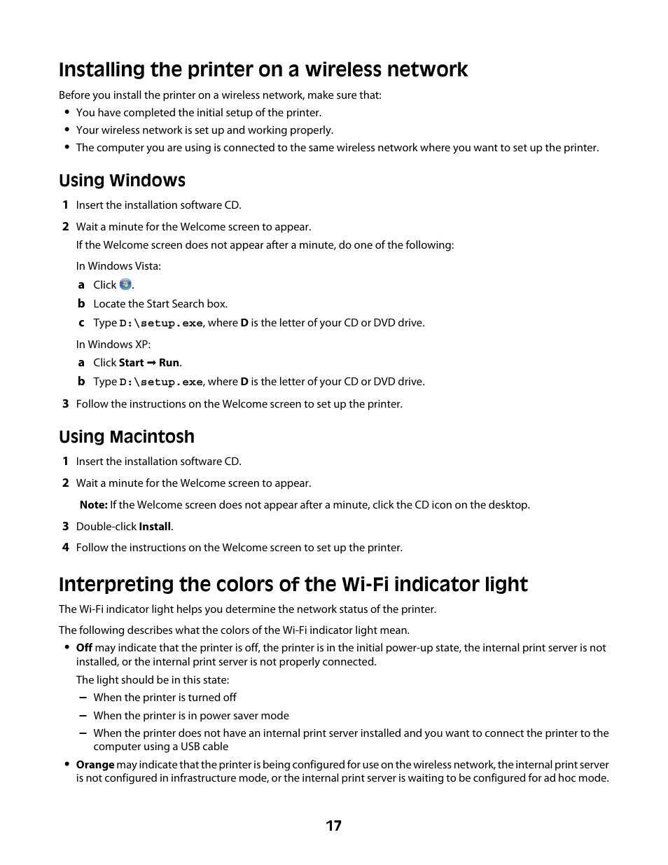 Installing the printer on a wireless network, Using windows, Using macintosh | Lexmark Z2400 Series User Manual | Page 17 / 87