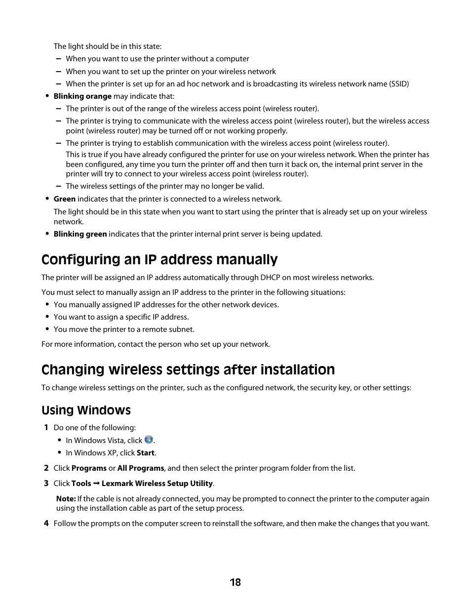 Configuring an ip address manually, Changing wireless settings after installation, Using windows | Lexmark Z2400 Series User Manual | Page 18 / 87