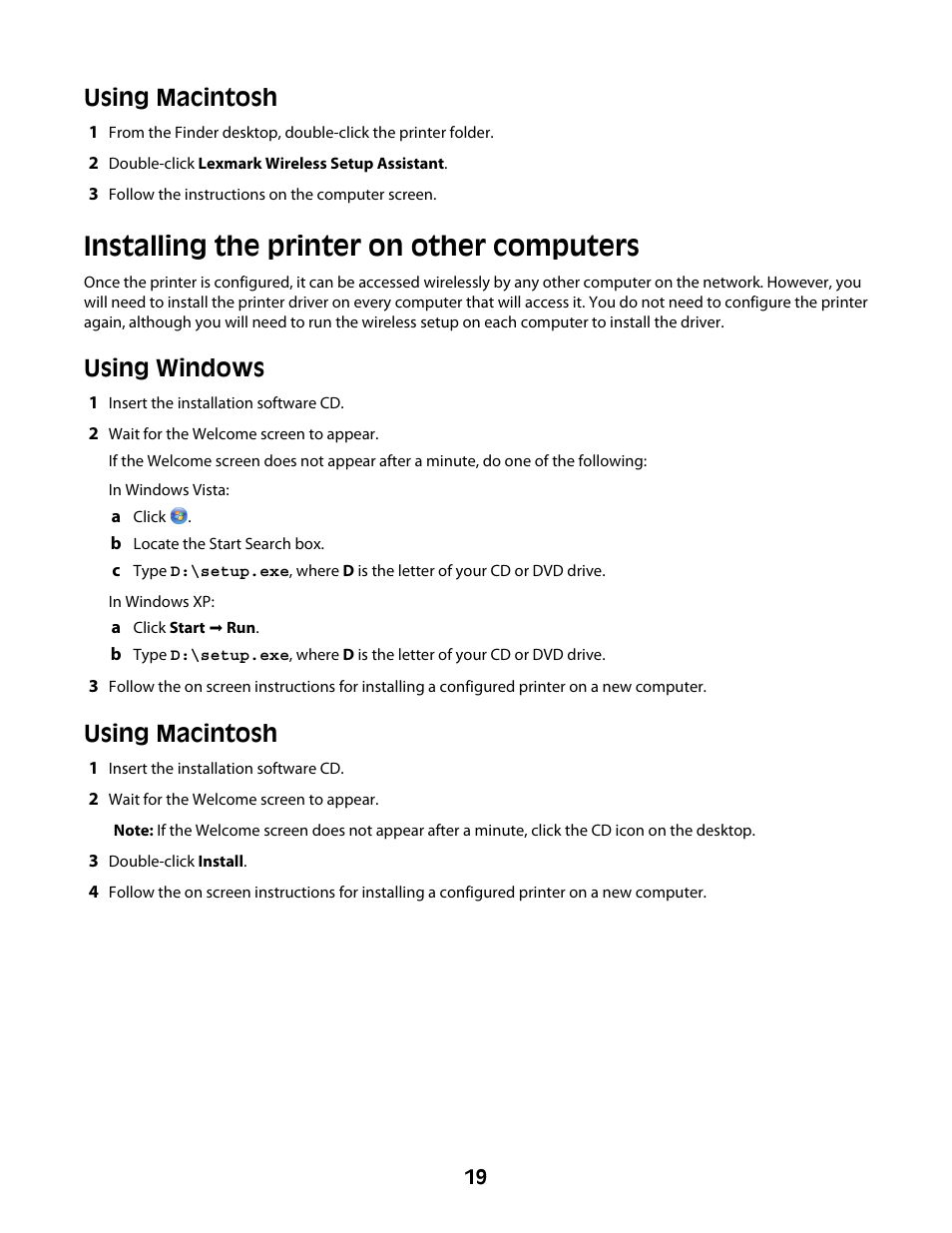 Installing the printer on other computers, Using macintosh, Using windows | Lexmark Z2400 Series User Manual | Page 19 / 87