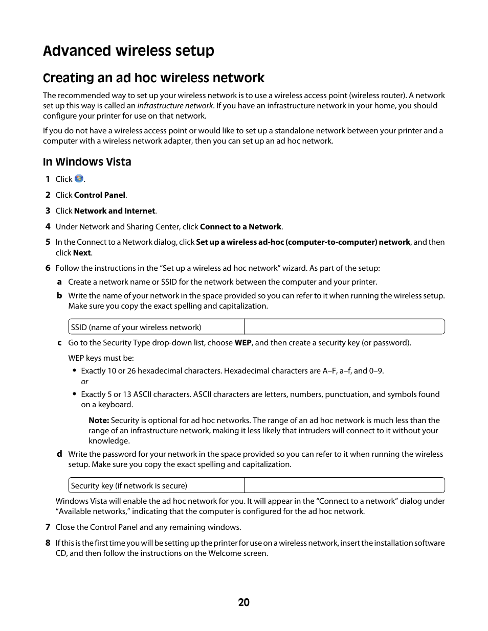 Advanced wireless setup, Creating an ad hoc wireless network | Lexmark Z2400 Series User Manual | Page 20 / 87
