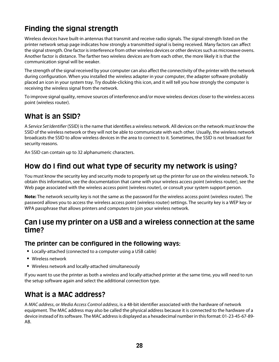 Finding the signal strength, What is an ssid, What is a mac address | Lexmark Z2400 Series User Manual | Page 28 / 87