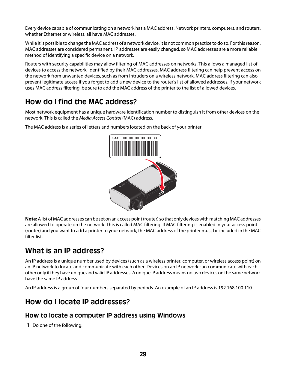 How do i find the mac address, What is an ip address, How do i locate ip addresses | Lexmark Z2400 Series User Manual | Page 29 / 87