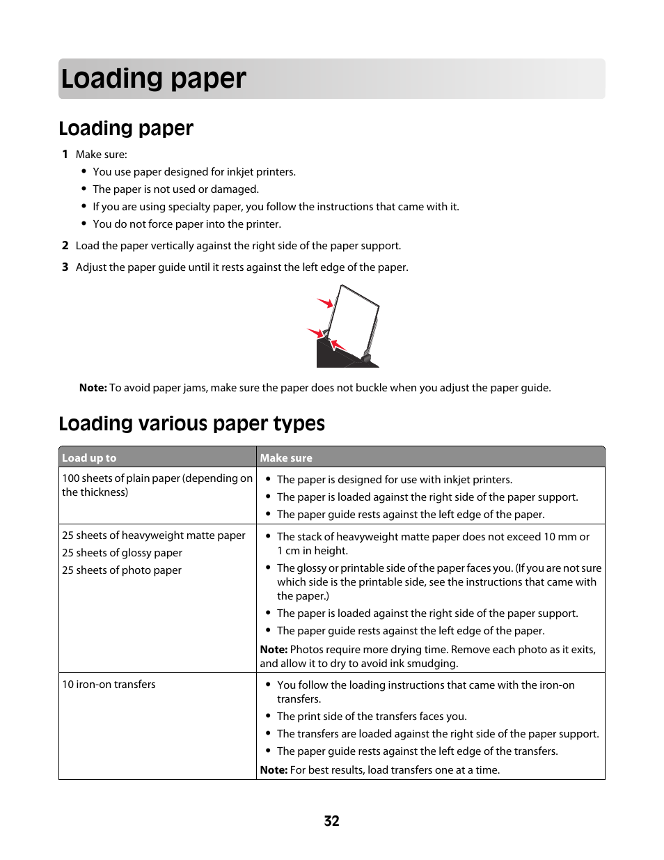 Loading paper, Loading various paper types | Lexmark Z2400 Series User Manual | Page 32 / 87