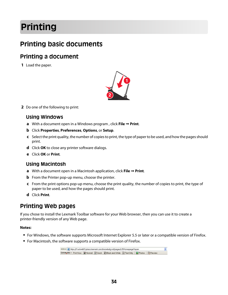 Printing, Printing basic documents, Printing a document | Printing web pages | Lexmark Z2400 Series User Manual | Page 34 / 87