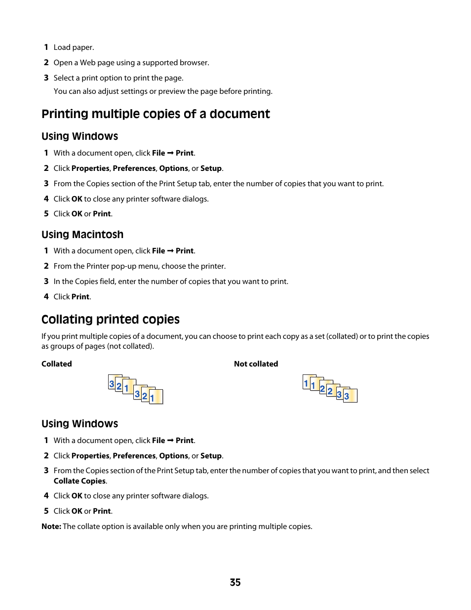 Printing multiple copies of a document, Collating printed copies | Lexmark Z2400 Series User Manual | Page 35 / 87