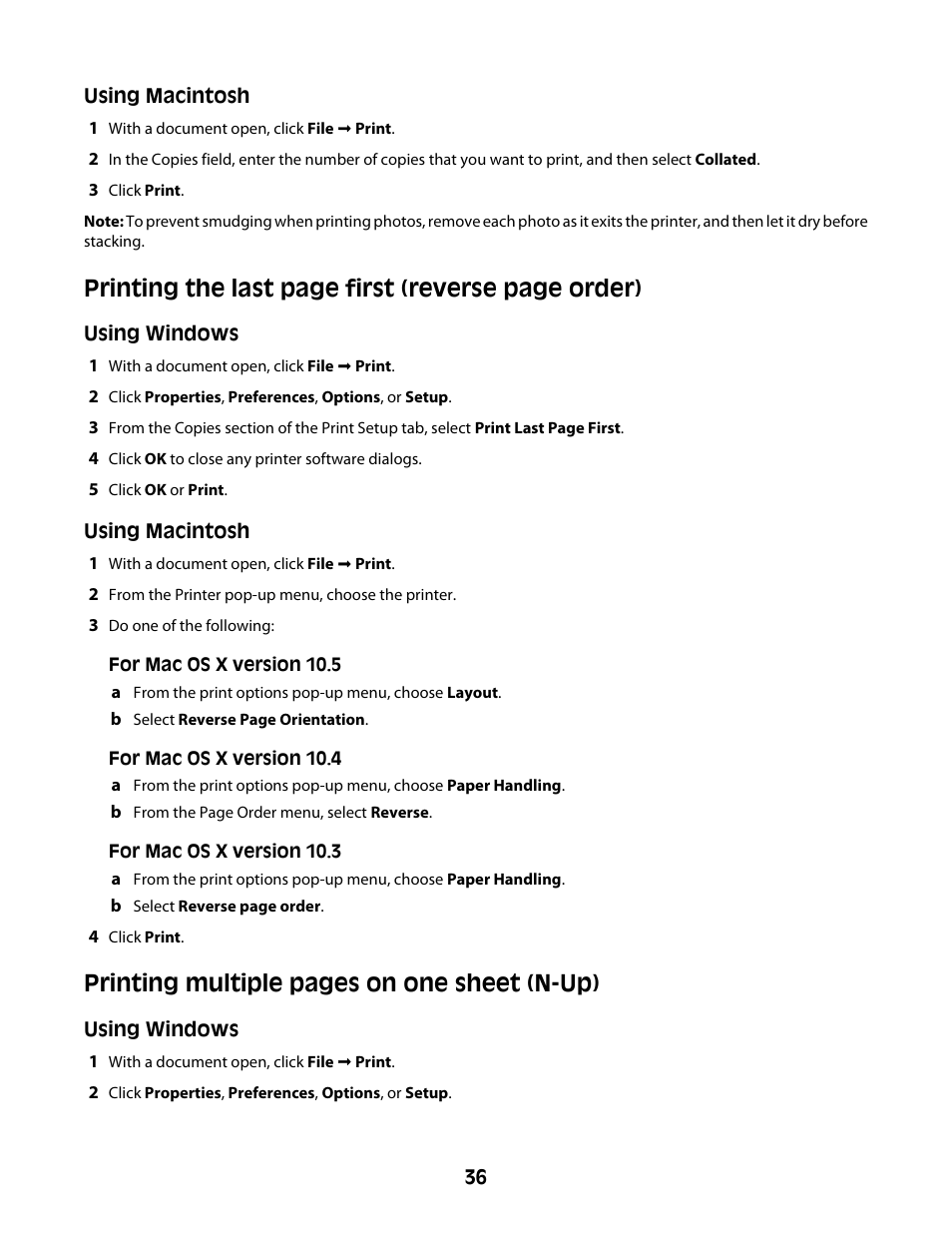 Printing the last page first (reverse page order), Printing multiple pages on one sheet (n-up) | Lexmark Z2400 Series User Manual | Page 36 / 87