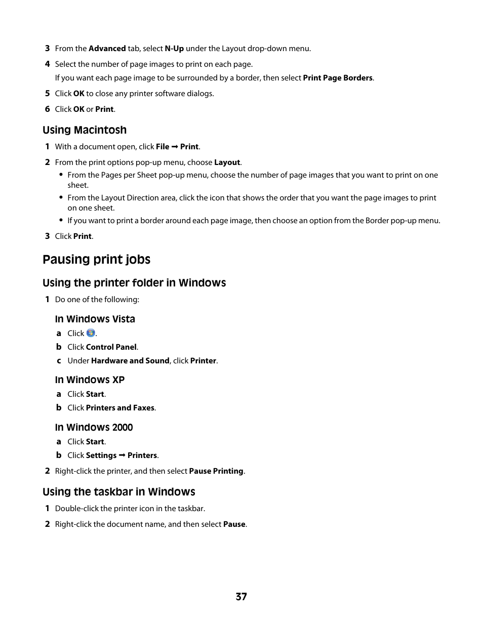 Pausing print jobs | Lexmark Z2400 Series User Manual | Page 37 / 87