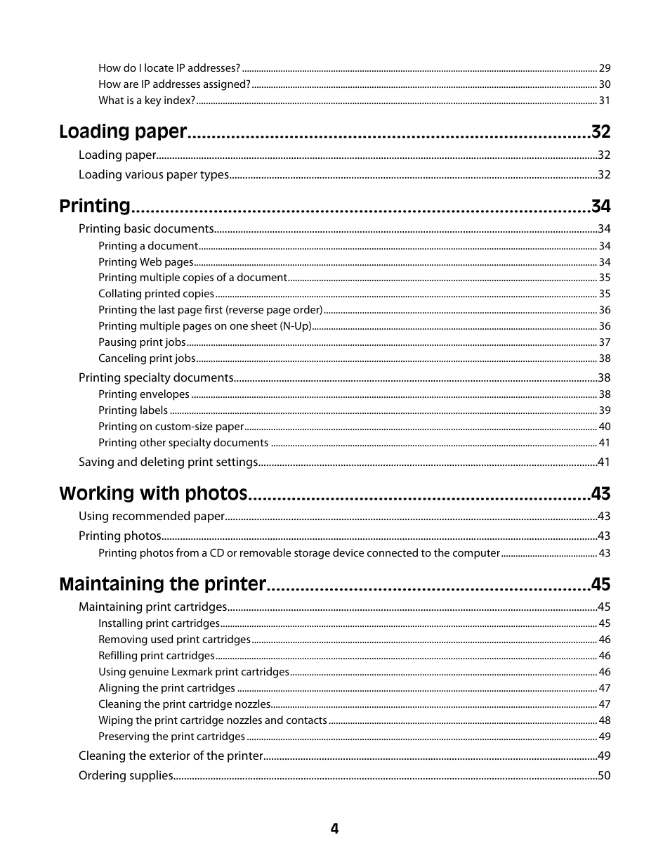 Loading paper, Printing, Working with photos | Maintaining the printer | Lexmark Z2400 Series User Manual | Page 4 / 87