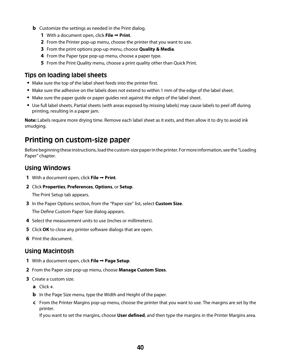 Printing on custom-size paper | Lexmark Z2400 Series User Manual | Page 40 / 87