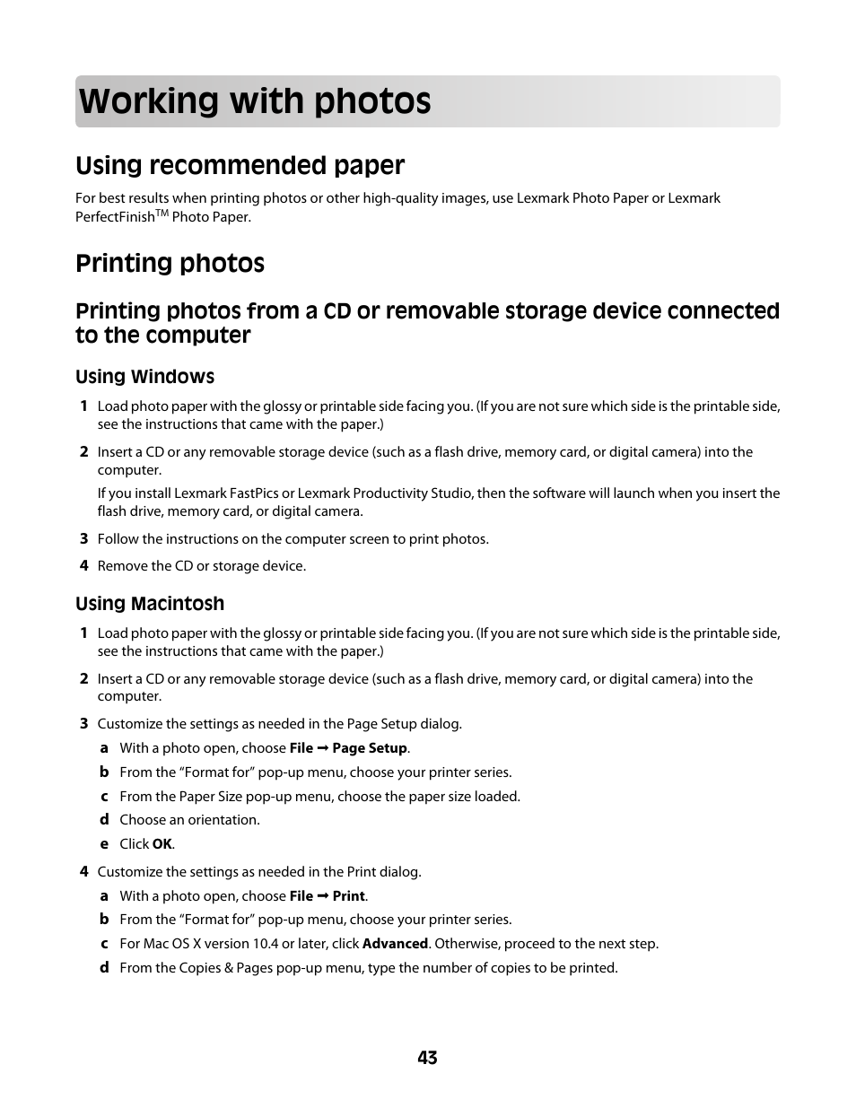 Working with photos, Using recommended paper, Printing photos | Lexmark Z2400 Series User Manual | Page 43 / 87