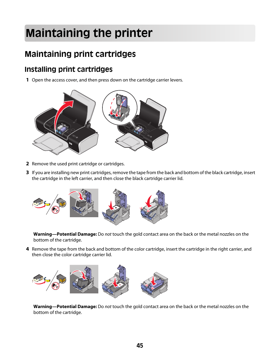 Maintaining the printer, Maintaining print cartridges, Installing print cartridges | Lexmark Z2400 Series User Manual | Page 45 / 87