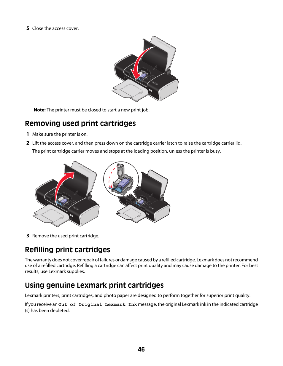 Removing used print cartridges, Refilling print cartridges, Using genuine lexmark print cartridges | Lexmark Z2400 Series User Manual | Page 46 / 87