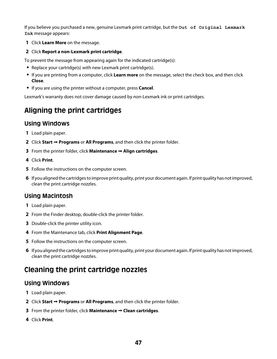 Aligning the print cartridges, Cleaning the print cartridge nozzles | Lexmark Z2400 Series User Manual | Page 47 / 87