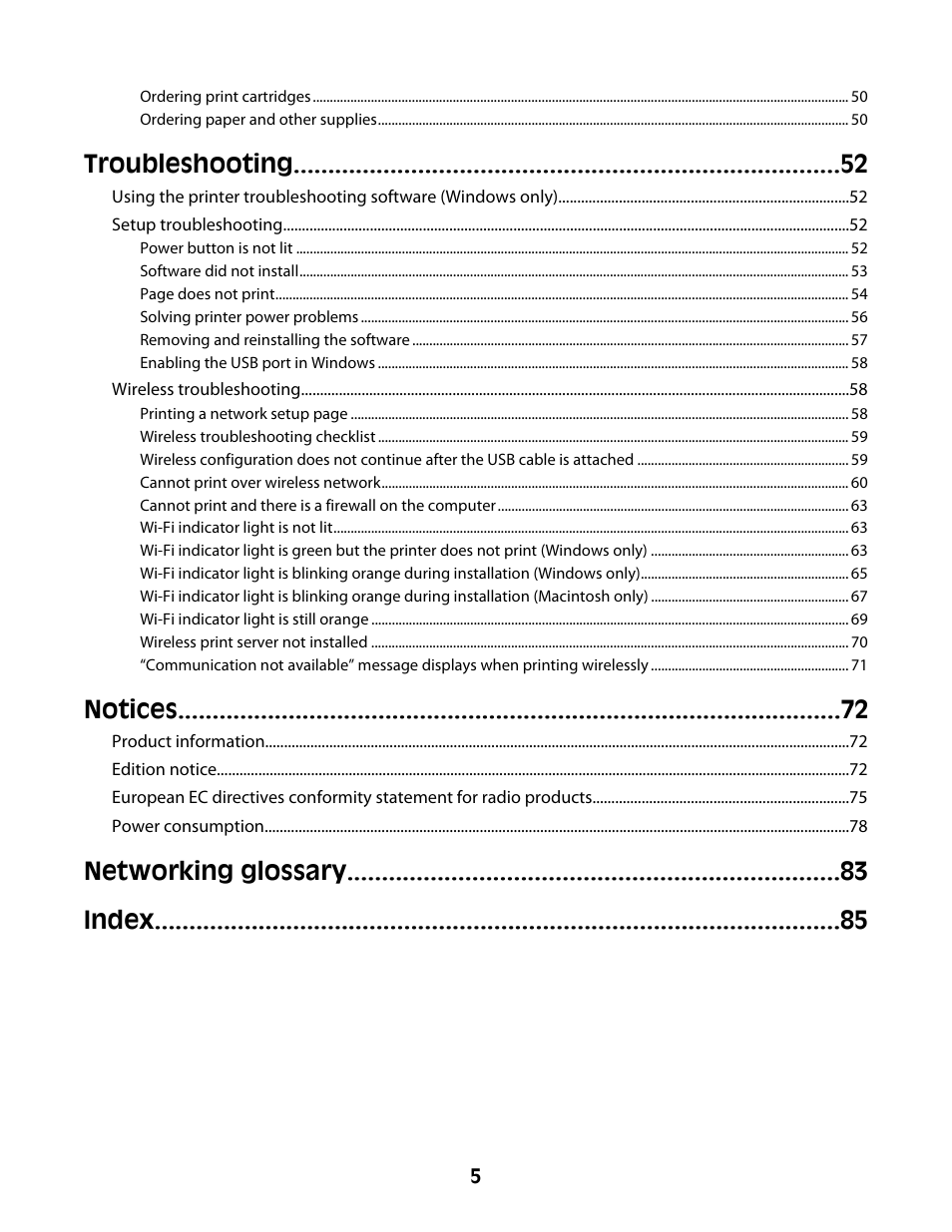 Troubleshooting, Notices, Networking glossary index | Lexmark Z2400 Series User Manual | Page 5 / 87