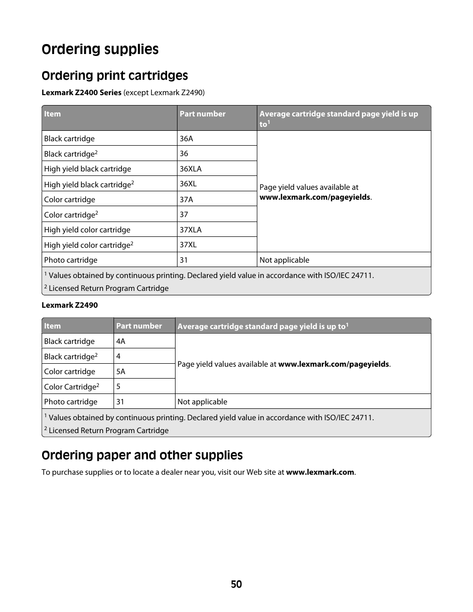 Ordering supplies, Ordering print cartridges, Ordering paper and other supplies | Lexmark Z2400 Series User Manual | Page 50 / 87