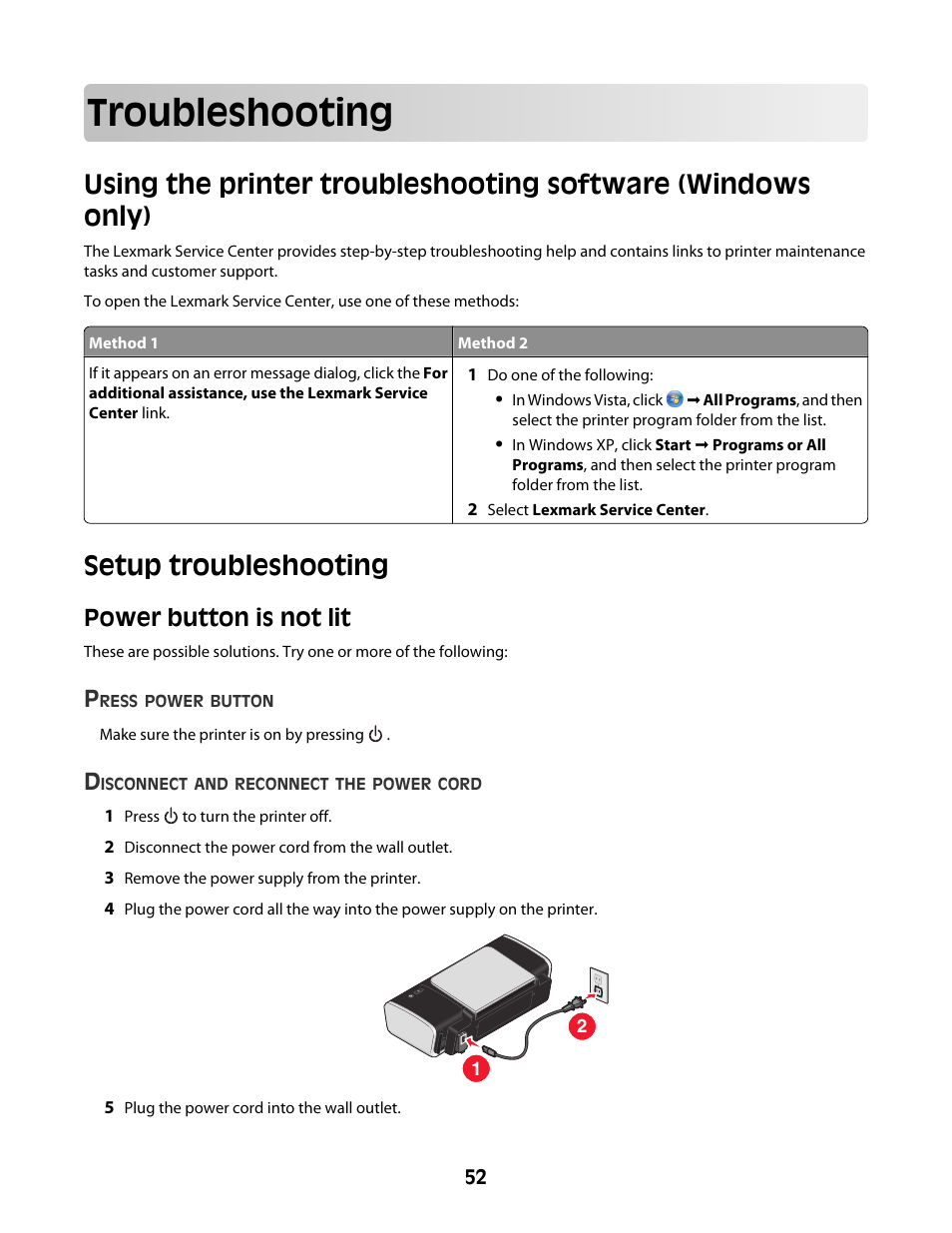 Troubleshooting, Setup troubleshooting, Power button is not lit | Lexmark Z2400 Series User Manual | Page 52 / 87