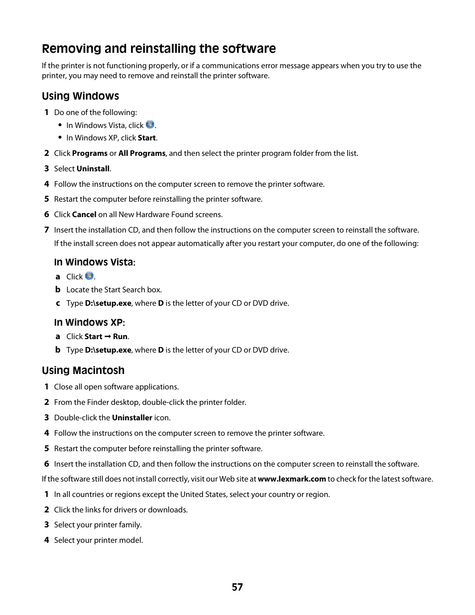 Removing and reinstalling the software | Lexmark Z2400 Series User Manual | Page 57 / 87