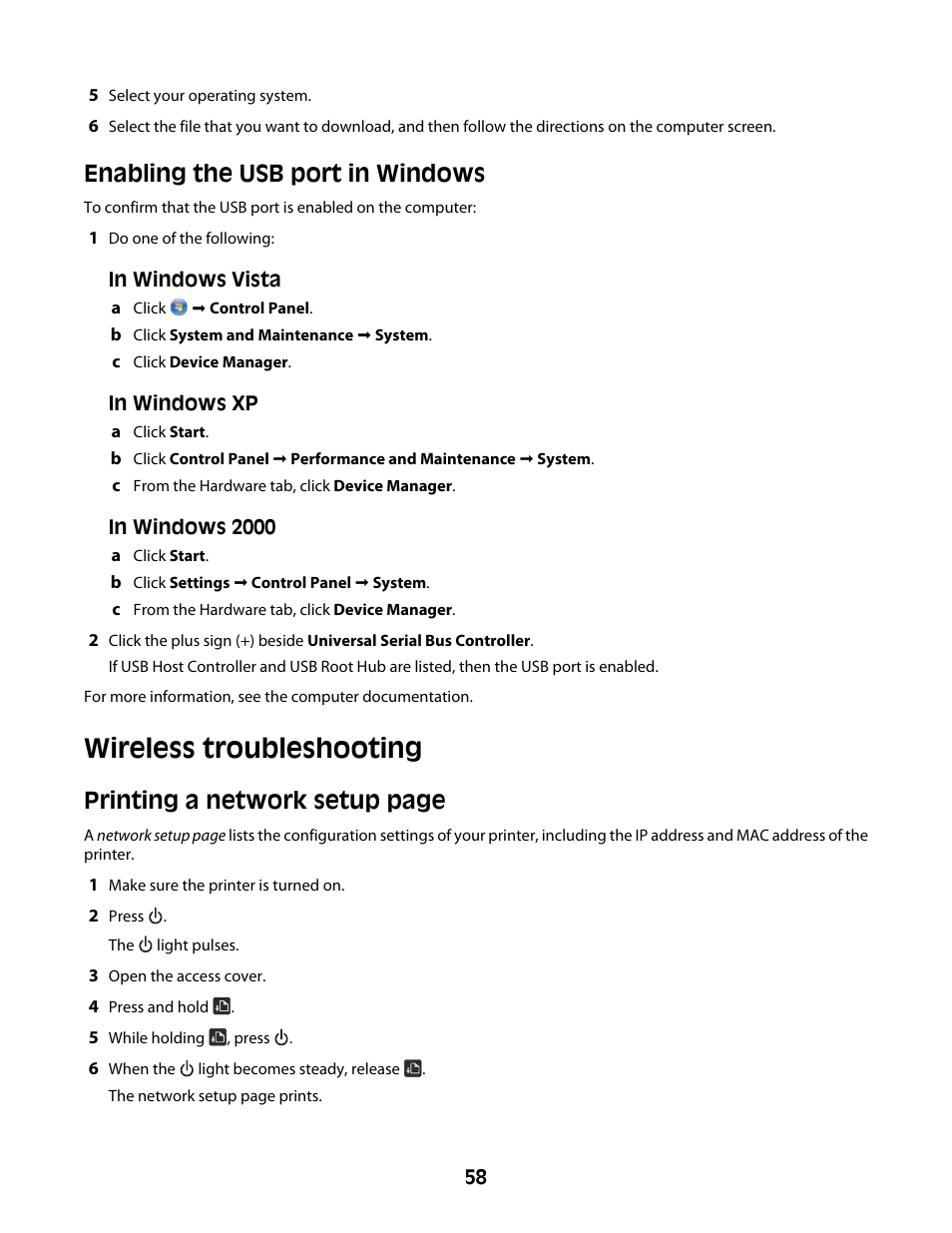 Enabling the usb port in windows, Wireless troubleshooting, Printing a network setup page | Lexmark Z2400 Series User Manual | Page 58 / 87