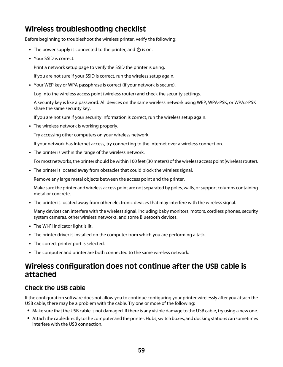 Wireless troubleshooting checklist | Lexmark Z2400 Series User Manual | Page 59 / 87